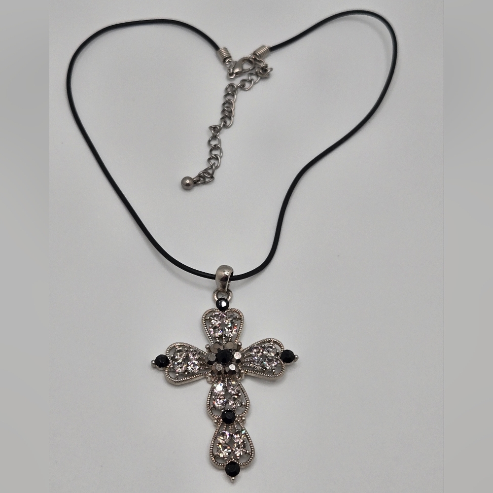 Gothic Filigree Cross Pendant on Leather Cord 14'' Baroque Vintage